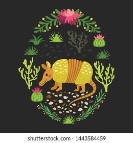 Armadillo in the desert, beautiful pattern with plants and pink flowers on a dark background. Square book illustration for children
