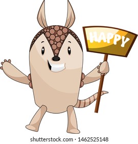 Armadillo with happy sign, illustration, vector on white background.