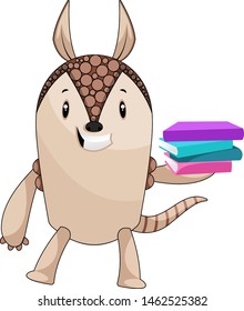 Armadillo holding books, illustration, vector on white background.