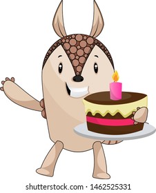 Armadillo holding cake, illustration, vector on white background.