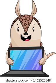 Armadillo holding lap top, illustration, vector on white background.