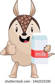 Armadillo, der Milch hält, Vektorgrafik auf weißem Hintergrund.