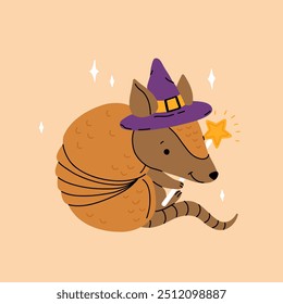 Armadillo with magic wand and witch hat. Wizard armadillo for halloween illustrations. Cute cartoon character for kids