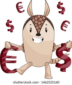 Armadillo with money sign, illustration, vector on white background.