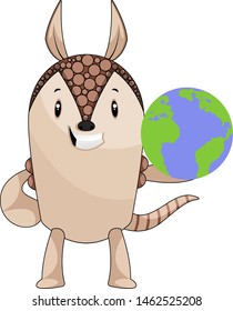 Armadillo con planeta tierra, ilustración, vector sobre fondo blanco.