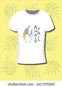 Armadillo print design on t shirt illustration with tropic leaves on colored background. Stock vector hand drawn illustration. Isolated white t shirt with modern design print armadillo illustration.