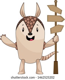 Armadillo with road sign, illustration, vector on white background.