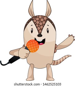 Armadillo singing on microphone, illustration, vector on white background.