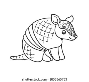 Armadillo sitting and smiling cartoon outline vector illustration. Cute animal character design, coloring page for kids.