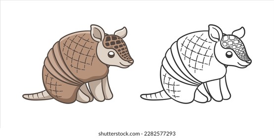 Armadillo sitting and smiling cartoon outline vector illustration simple version. Cute animal character design, coloring book page activity for kids.