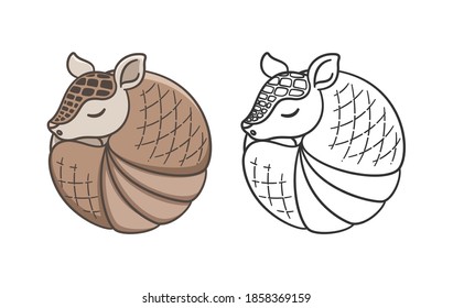 Armadillo sleeping and rolled up into a ball cartoon vector illustration. Colored and outline set. Cute animal character design.