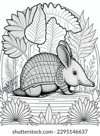 Armadillo vector coloring book black and white for kids and adults isolated line art on white background.