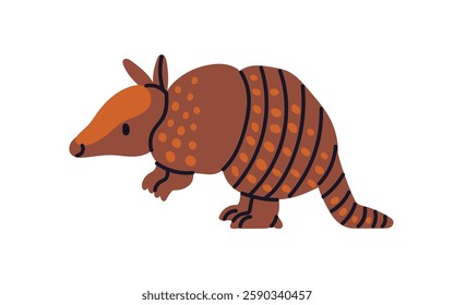 Armadillo, wild animal. Cute armored mammal with protective scaly shell, profile, side view. Exotic fauna, wildlife. American nature. Flat vector illustration isolated on white background