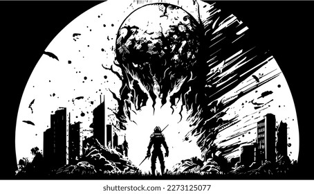 Armageddon, Vektorgrafik mit schwarzer Linie, einzeln weiß. Sketch-Kunst
