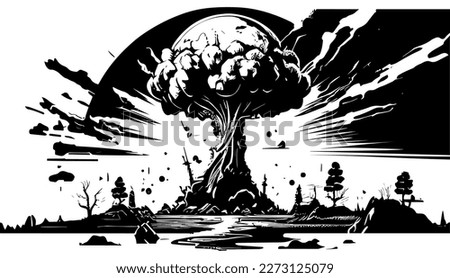 Armageddon vector black line illustration isolated white. Sketch art