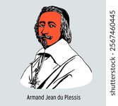 Armand Jean du Plessis, better known as Cardinal Richelieu, was a French statesman, a central figure during the reign of Louis XIII; a cardinal of the Catholic Church. Hand-drawn vector illustration