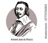 Armand Jean du Plessis, better known as Cardinal Richelieu, was a French statesman, a central figure during the reign of Louis XIII; a cardinal of the Catholic Church. Hand-drawn vector illustration