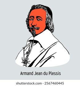 Armand Jean du Plessis, better known as Cardinal Richelieu, was a French statesman, a central figure during the reign of Louis XIII; a cardinal of the Catholic Church. Hand-drawn vector illustration