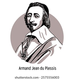 Armand Jean du Plessis, better known as Cardinal Richelieu, was a French statesman, a central figure during the reign of Louis XIII; a cardinal of the Catholic Church. Hand-drawn vector illustration