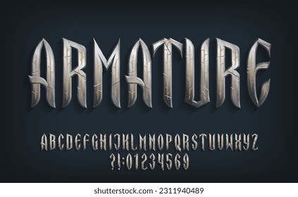 Tipo de letra del alfabeto armaturo. Letras, números y símbolos de metal perturbado. Escritura vectorial de material para el diseño tipográfico.