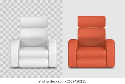 Armchair 3D Icon Soft Padded Lounge Seat in White and Red, Front View for UI UX, Interior Design, Home Decor, or App Elements. Minimal Modern Style. Vector Illustration.