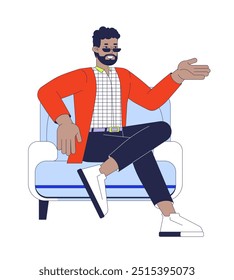 Armchair african american man sitting confident 2D cartoon character. Bearded black male participating discussion gesturing isolated person flat vector on white background. Spot illustration colorful