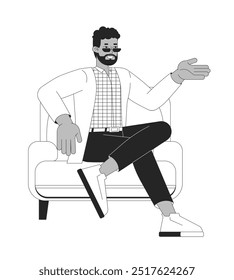 Poltrona afro-americano homem sentado confiante preto e branco personagem de linha 2D. Homem preto barbudo participando discussão gestando isolado vetor delinear pessoa. Ilustração de ponto monocromático