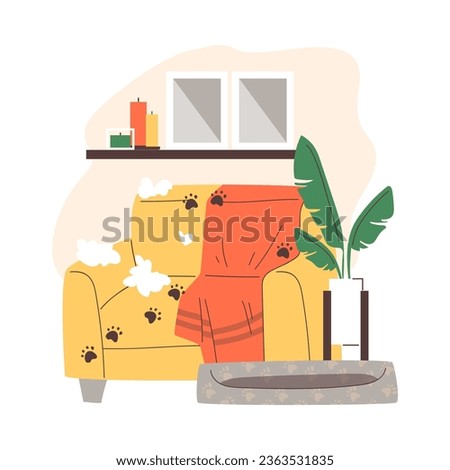 Armchair with animal marks and chewed upholstery. Disorder in house from naughty animals left alone unattended, flat vector illustration isolated on white background.