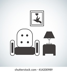 Armchair and bedside table with lamp on it furniture vector icon, sign, symbol