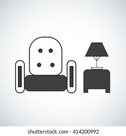 Armchair and bedside table with lamp on it furniture vector icon, sign, symbol