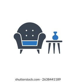 Armchair beside a table with vase icon for living room.