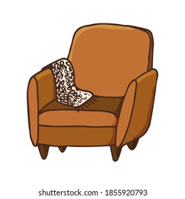 Armchair with a blanket. Сoncept cozy home, morning mood. Hand drawn vector illustration in doodle style outline drawing isolated on white background.