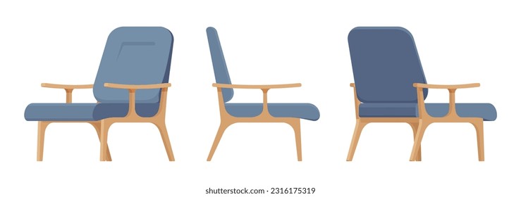 Armchair blue fabric furniture, upholstered wooden lounge chair set. Studio, public waiting area, living room seating comfort. Vector flat style cartoon home, office piece isolated, white background