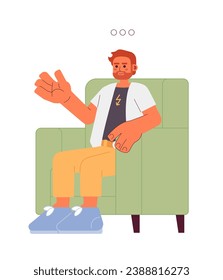 Armchair caucasian male therapy client 2D cartoon character. Conversation expert adult man isolated vector person white background. Psychology psychotherapy visit color flat spot illustration