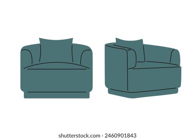 Cómodo sillón moderno y elegante, silla. Muebles para el hogar, interior, apartamento. Sillón para salón, moderno. Ilustración vectorial plana aislada