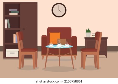 armchair and chairs near table with cup of coffee at home or cafe interior with wardrobe