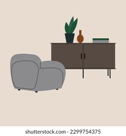 Armchair and chest of drawers. Illustration of a modern interior, easy chair, minimalist cabinet, houseplant, books.Upholstered furniture for rest and relaxation. Life style, interior design. Vector