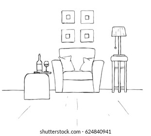 Armchair, coffee table with a glass and bottle. Lamp on a high stool. Hand drawn vector illustration of a sketch style.