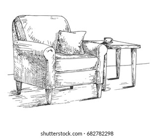 Armchair, coffee table. Hand drawn vector illustration of a sketch style.