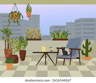 Armchair and coffee table on the balcony of the apartment. Terrace with green plants. Flowers in clay pots and boxes for seedlings. Place to relax. View from above on the city and buildings. Vector