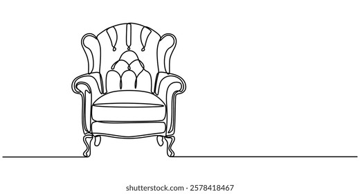  armchair continuous one line drawing, Couch Continuous Line Illustration, chair line art style vector illustration, Continuous single one line art drawing of minimalist modern sofa chair vector. 