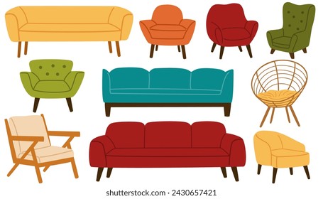 Armchair and couch set. Trendy comfortable chairs. Furniture for home and living room. Soft furniture, luxury sofa. Hand drawn vector doodle elements