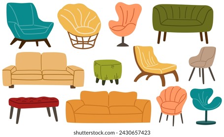 Sessel und Couchset. Trendy bequeme Stühle. Möbel für Haus und Wohnzimmer. Weiche Möbel, luxuriöses Sofa. Handgezeichnete Vektor-Doodle-Elemente