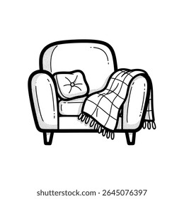 Poltrona com almofada e cobertor para o conforto da casa e vibração do hygge - Ilustração de vetor
