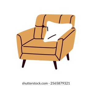 Armchair with cushion. Comfortable soft furniture for sitting in modern retro mid-century design. Cozy seat with upholstery, Scandinavian style. Flat vector illustration isolated on white background