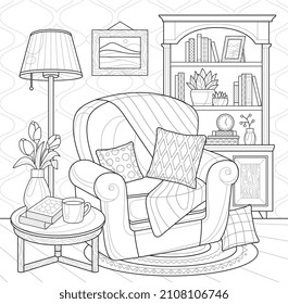 Armchair with cushions in office concept. Antistress coloring book with wardrobe, furniture, table, vase with flowers and books. Design element for relaxation. Cartoon flat vector illustration