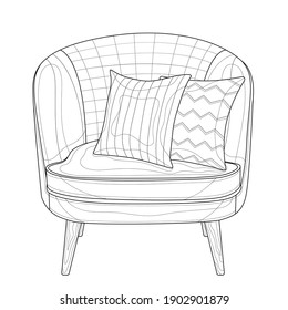 Armchair with cushions.Coloring book antistress for children and adults. Illustration isolated on white background.Zen-tangle style. Black and white drawing