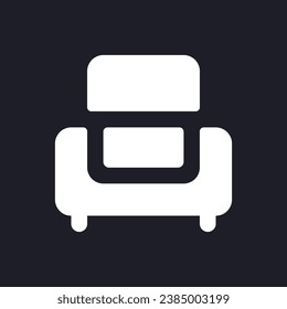 Armchair dark mode glyph ui icon. Hotel arrangement. Motel service. User interface design. White silhouette symbol on black space. Solid pictogram for web, mobile. Vector isolated illustration