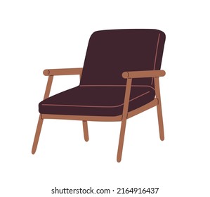 Armchair design in retro mid-century style. Trendy arm chair seat with wood legs and armrests. 1960s cozy upholstered lounge furniture. Colored flat vector illustration isolated on white background