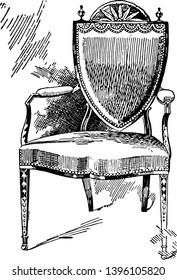 Armchair designed by Heppel white has shield shaped cushioned backrest slender front legs vintage line drawing or engraving illustration